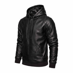 Front studio view of black sheepskin leather pullover hoodie on invisible mannequin showing kangaroo pocket and leather drawstrings