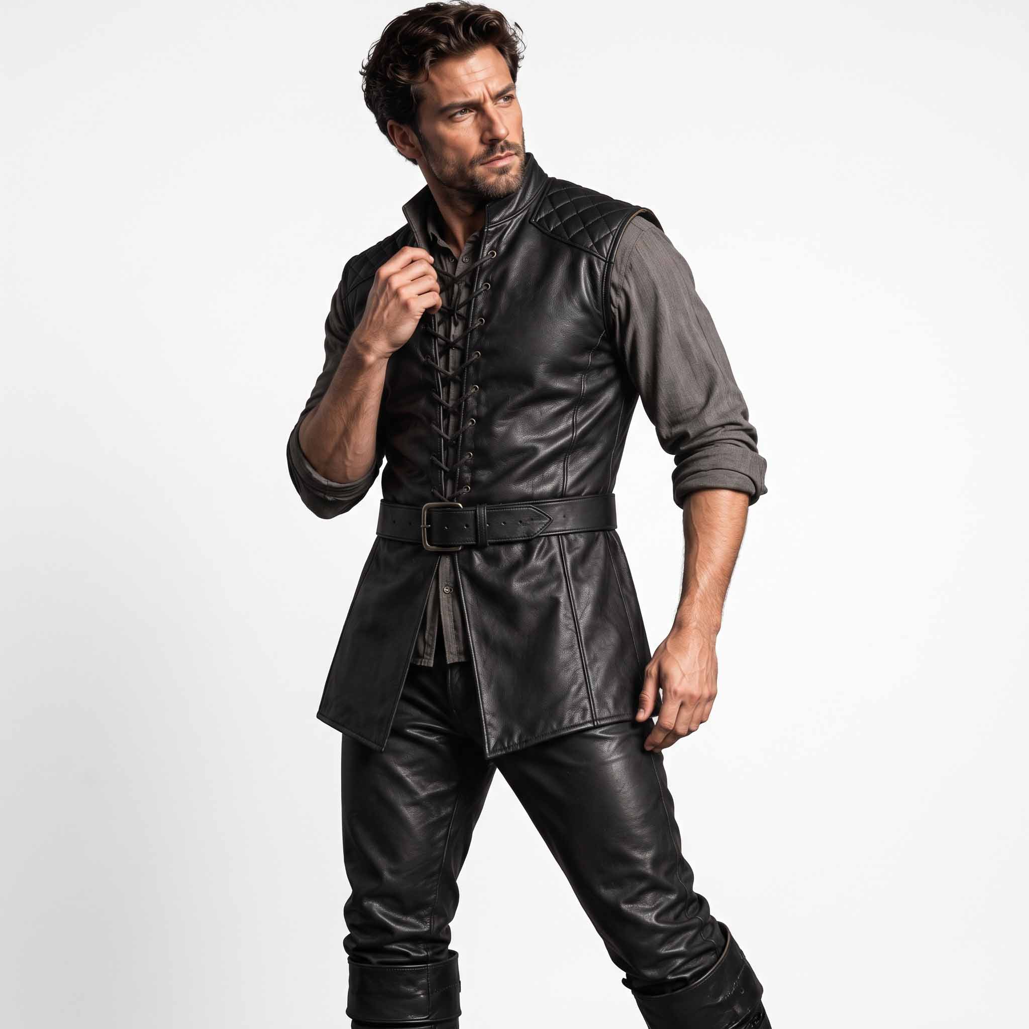 Full front shot of bearded man wearing handmade black sheepskin leather medieval jerkin with quilted shoulders, front lacing, and waist belt