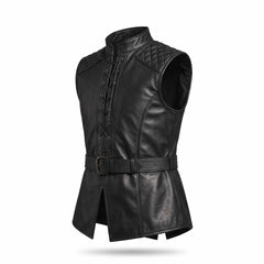 Three quarter studio angle of black genuine sheepskin leather jerkin showing raised collar, diamond quilted shoulder cap, and side profile