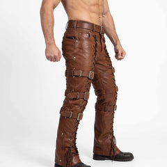 Side profile 90 degree view of fitted brown leather gothic trousers showing front and rear eyelet cords with silver roller buckles