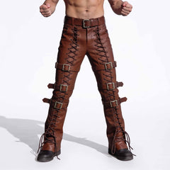 Straight front full length studio view of man modeling brown leather lace up warrior trousers with matching waist belt