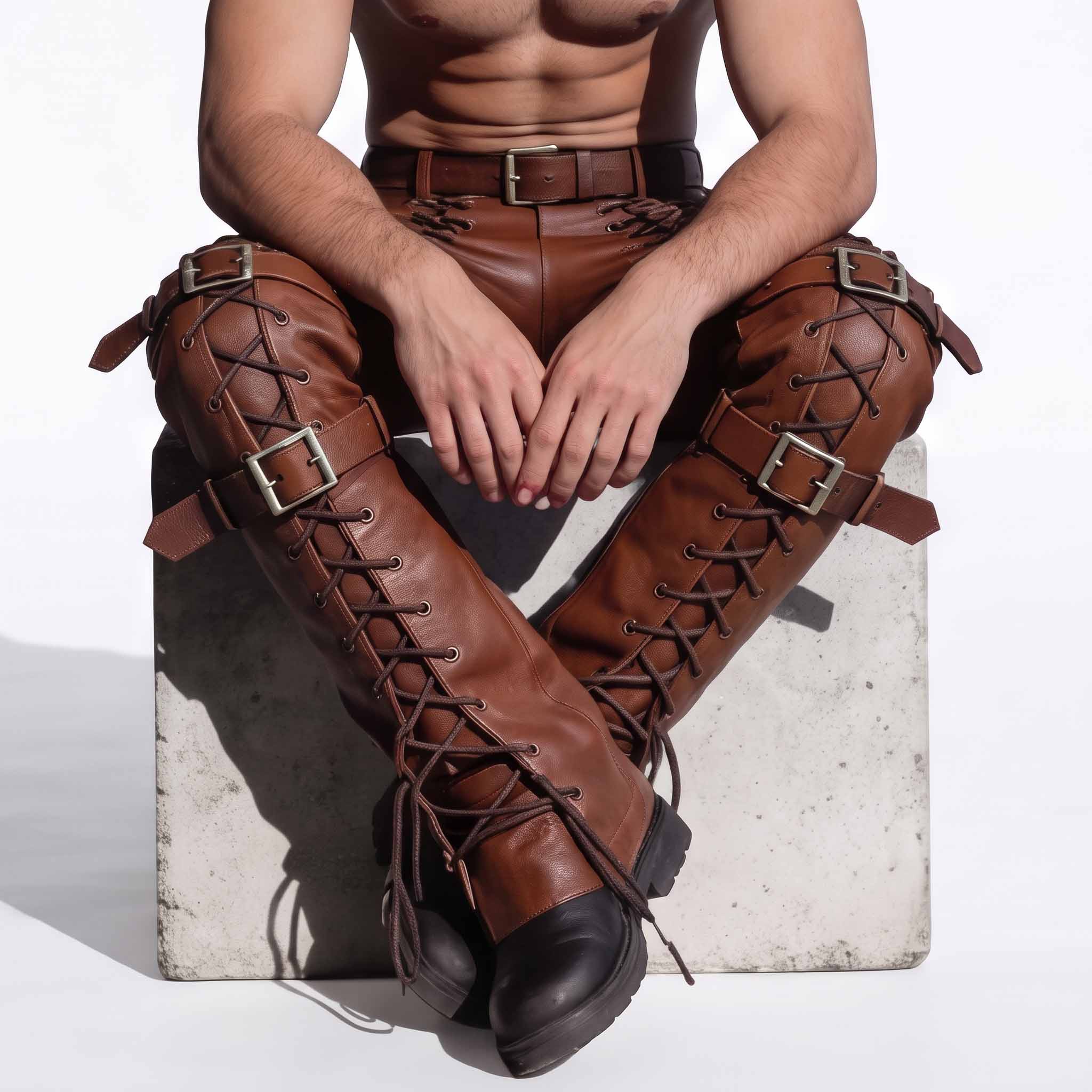 Seated perspective of man wearing brown leather steampunk pants highlighting crossed knee buckle straps and eyelet cord lacing
