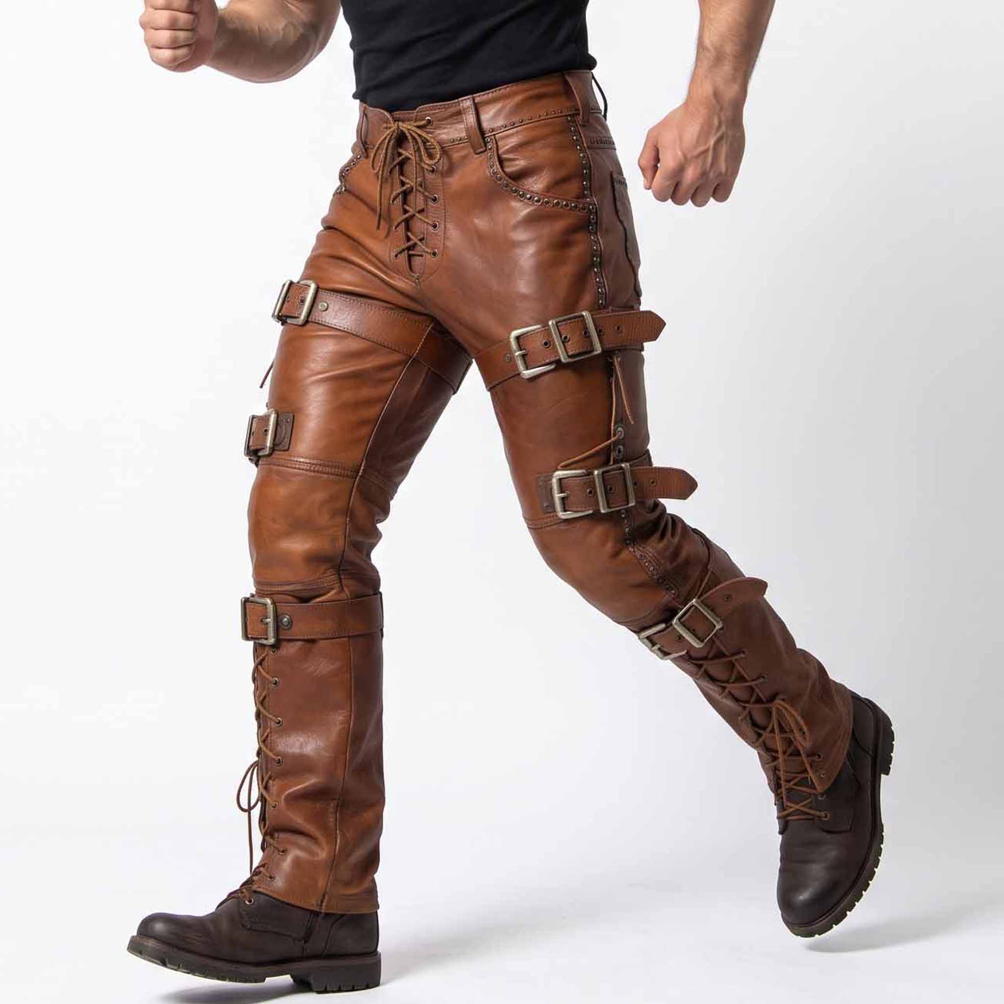 Dynamic forward stride shot of man wearing tailored brown leather steampunk pants with side eyelet cord lacing and combat boots