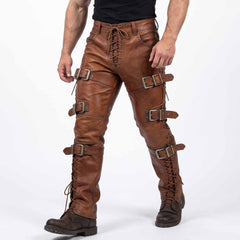 Front three quarter perspective of male model wearing brown leather warrior breeches highlighting knee buckles and front corset lacing