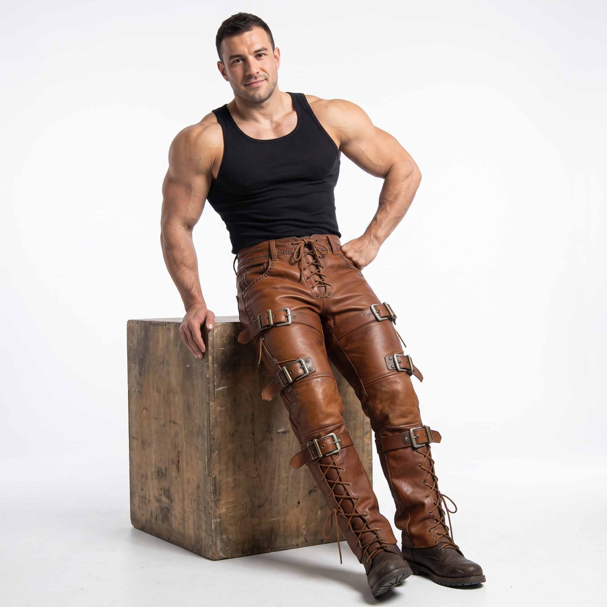 Male model leaning on rustic wooden crate wearing brown leather punk rock trousers displaying thigh straps and knee lacing