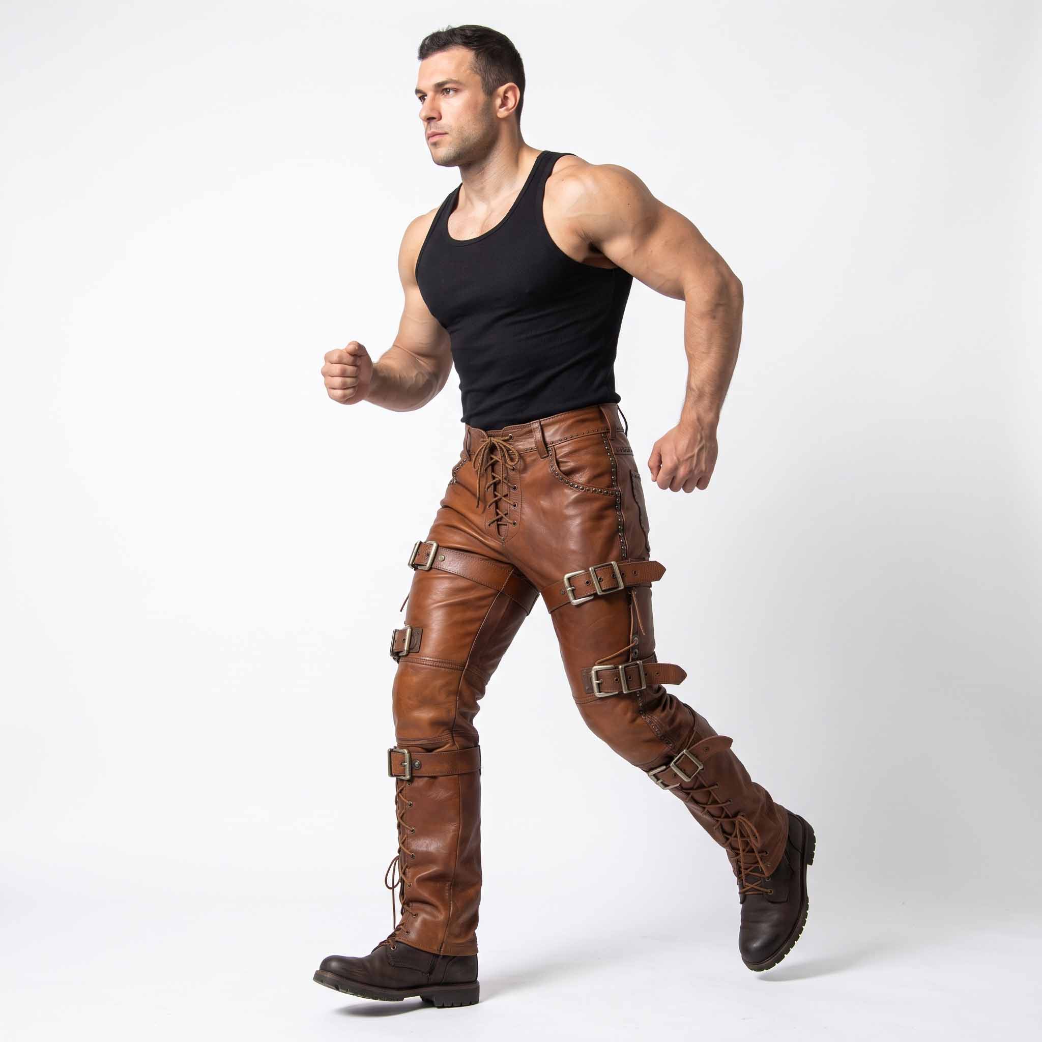 Profile running stance of man wearing brown genuine leather warrior pants showcasing boot stacking and side buckle hardware