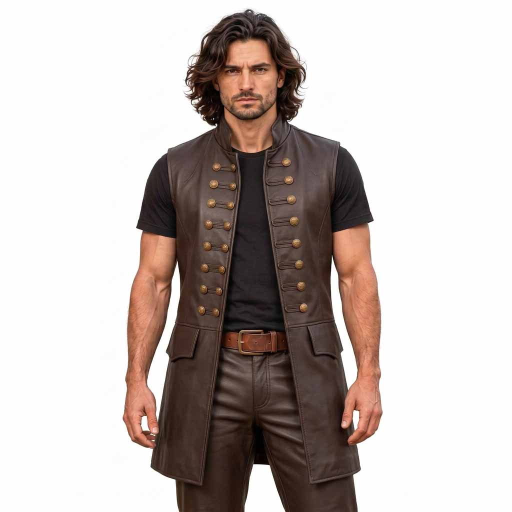 Front torso view of long haired man wearing handmade brown leather medieval vest with brass buttons and standing collar