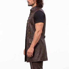 Side profile torso shot of man modeling brown genuine leather long vest showing waist cinch buckle and hip pocket