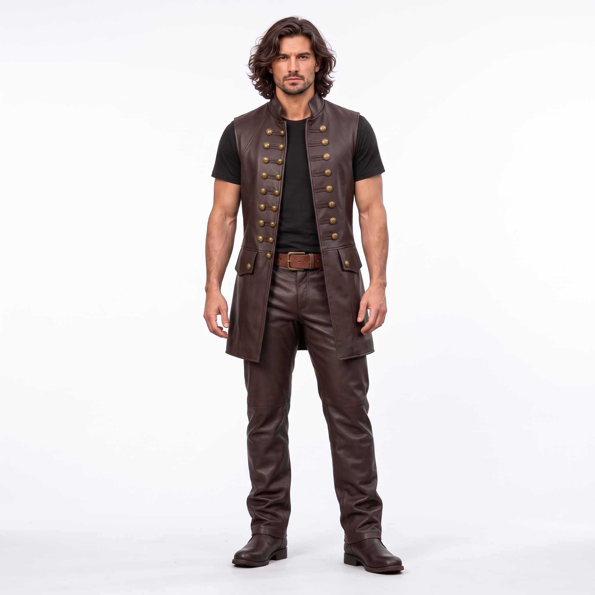 Full length front studio portrait of man modeling brown leather renaissance costume vest with brass buttons and leather boots