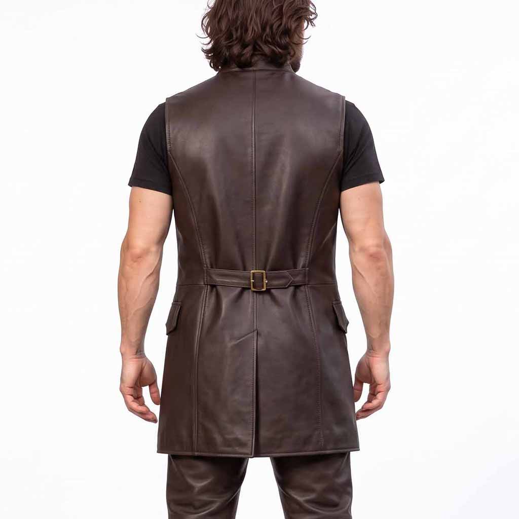 Rear upper torso view of man wearing brown leather medieval vest showing back waist strap and clean vertical seams