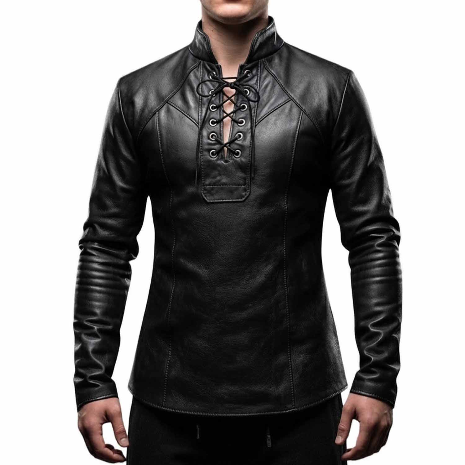 ront view of a man wearing a black handmade leather renaissance tunic shirt featuring a lace-up chest closure and mandarin collar.