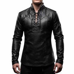 ront view of a man wearing a black handmade leather renaissance tunic shirt featuring a lace-up chest closure and mandarin collar.