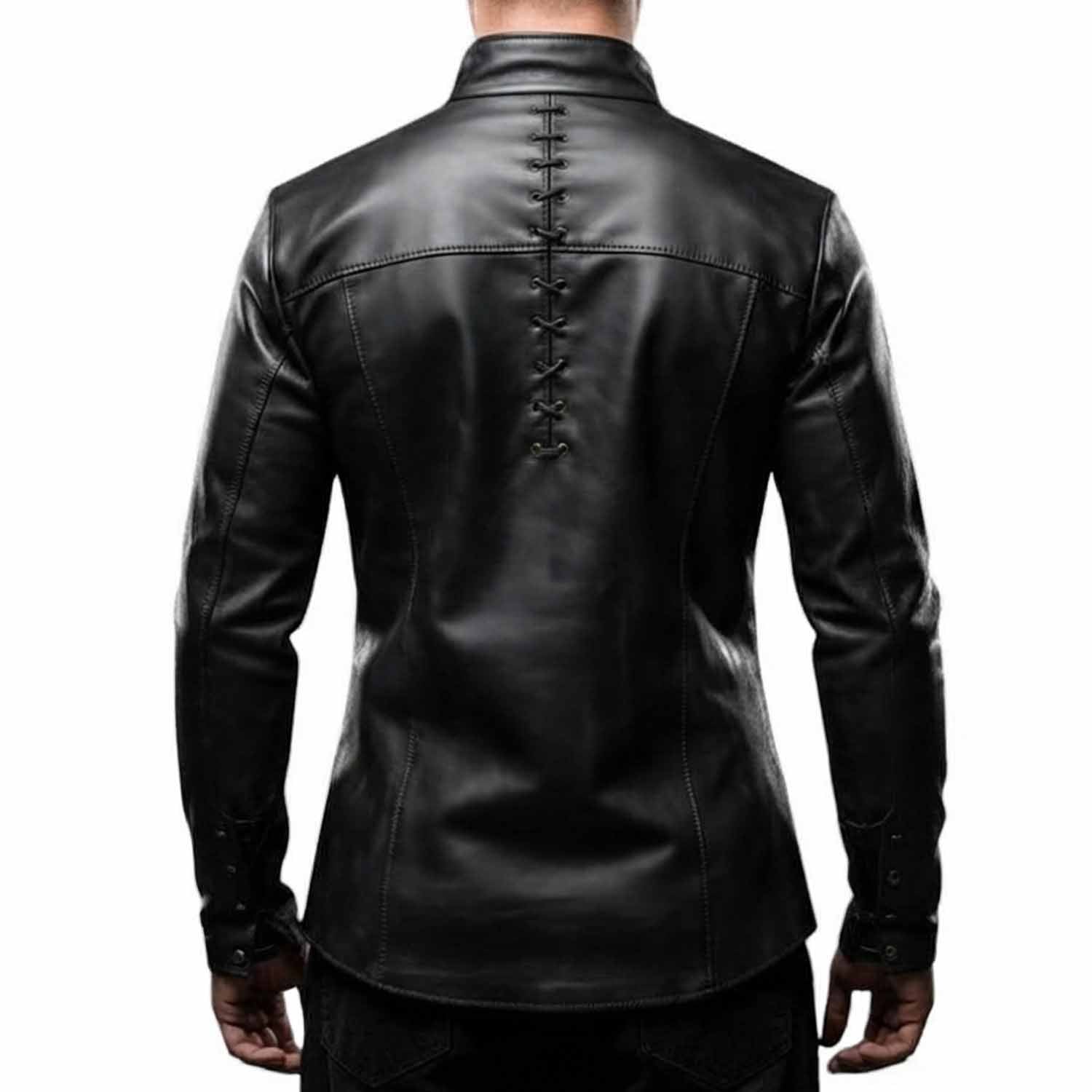 Back view of the men's black leather medieval shirt highlighting the vertical lace-up spine design and tailored shoulder paneling.