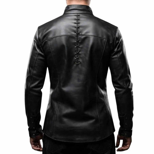 Back view of the men's black leather medieval shirt highlighting the vertical lace-up spine design and tailored shoulder paneling.