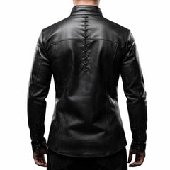 Back view of the men's black leather medieval shirt highlighting the vertical lace-up spine design and tailored shoulder paneling.