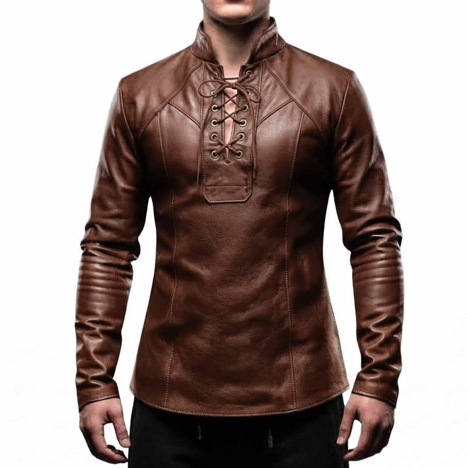 Front view of the artisan-crafted brown leather steampunk pirate top with adjustable chest lacing and pleated sleeves.
