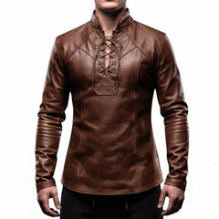 Front view of the artisan-crafted brown leather steampunk pirate top with adjustable chest lacing and pleated sleeves.