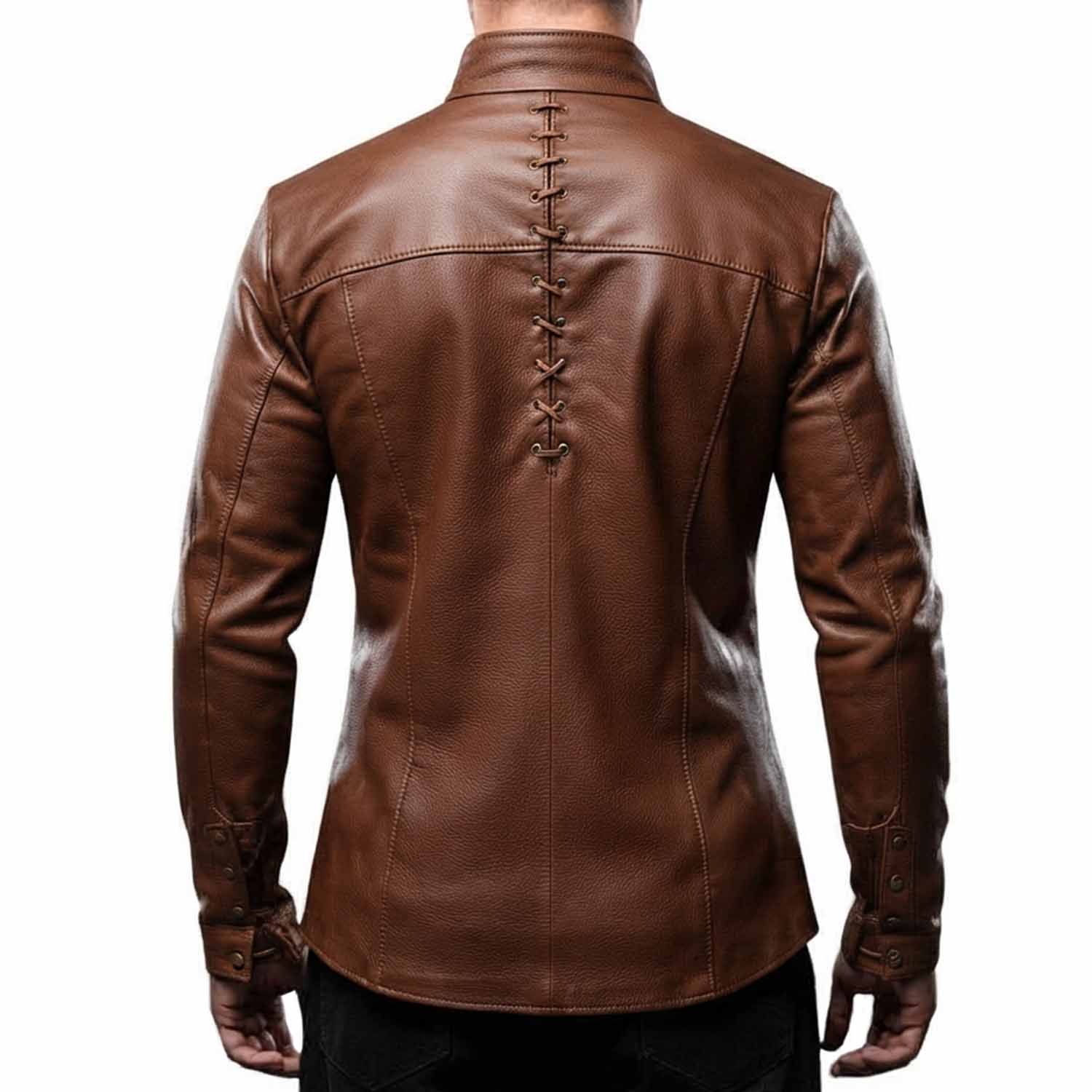 Rear view of the brown leather gothic costume shirt showcasing structured seams and custom back-lacing details.