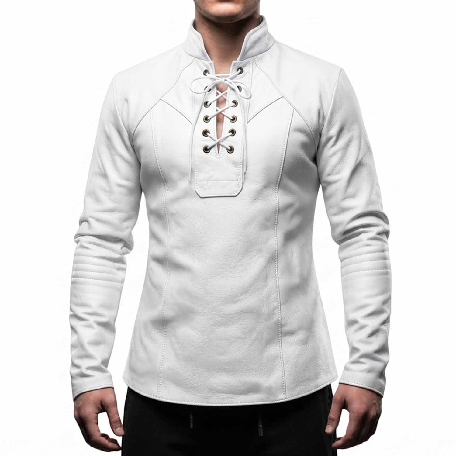 Front view of the premium white leather medieval knight tunic shirt with matching white eyelet cords and fitted silhouette.