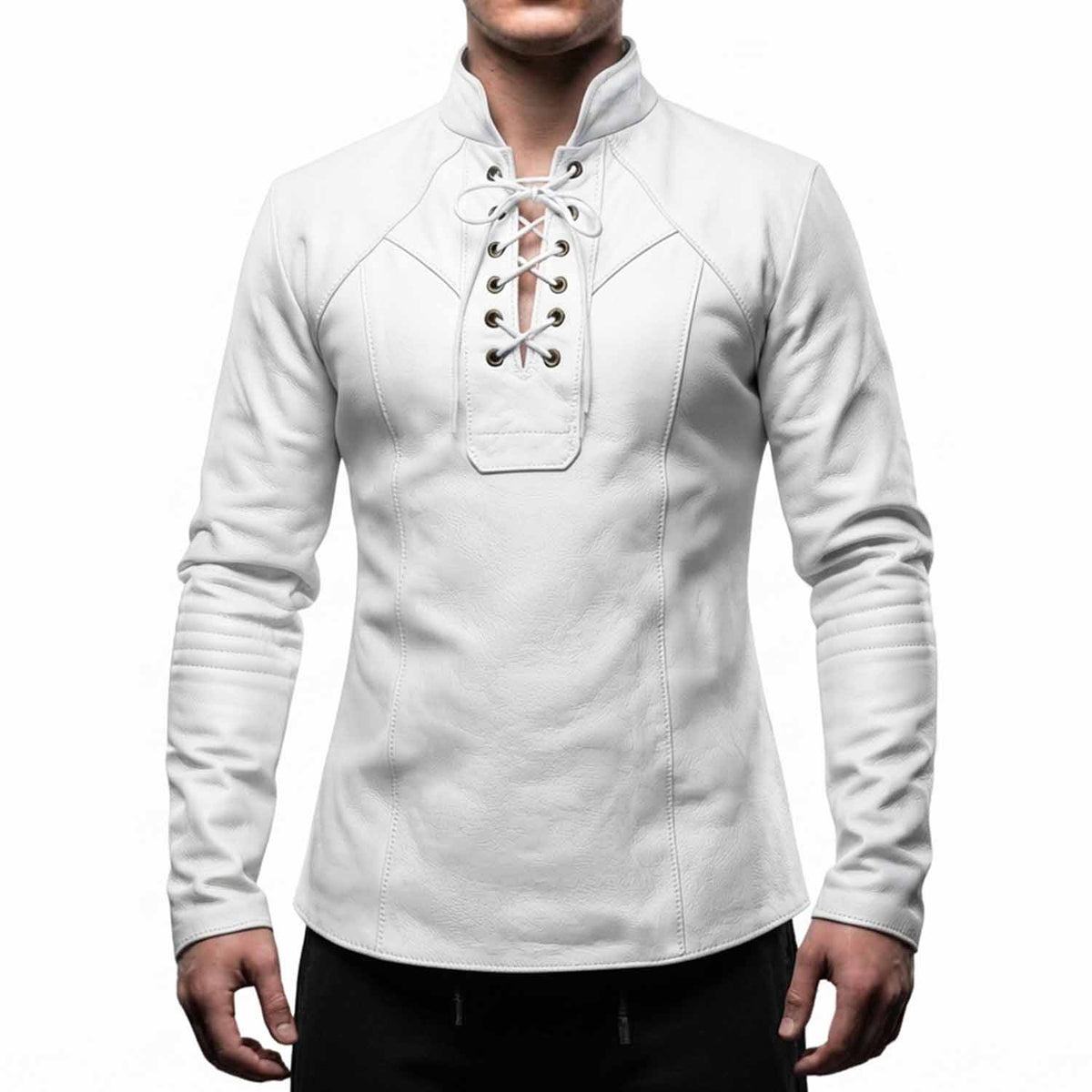 Front view of the premium white leather medieval knight tunic shirt with matching white eyelet cords and fitted silhouette.