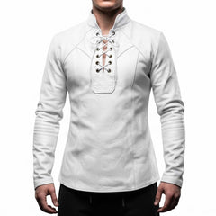 Front view of the premium white leather medieval knight tunic shirt with matching white eyelet cords and fitted silhouette.