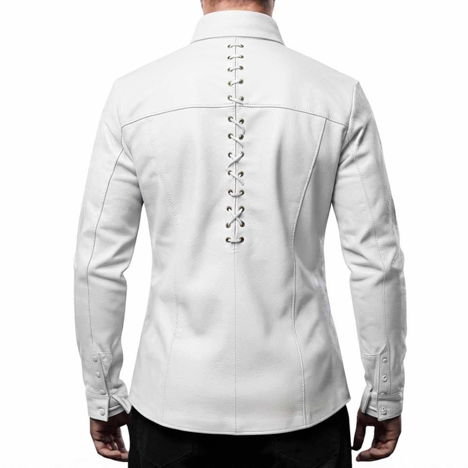Back view of the white leather renaissance tunic shirt displaying clean lines and the signature vertical lace-up closure.