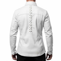 Back view of the white leather renaissance tunic shirt displaying clean lines and the signature vertical lace-up closure.