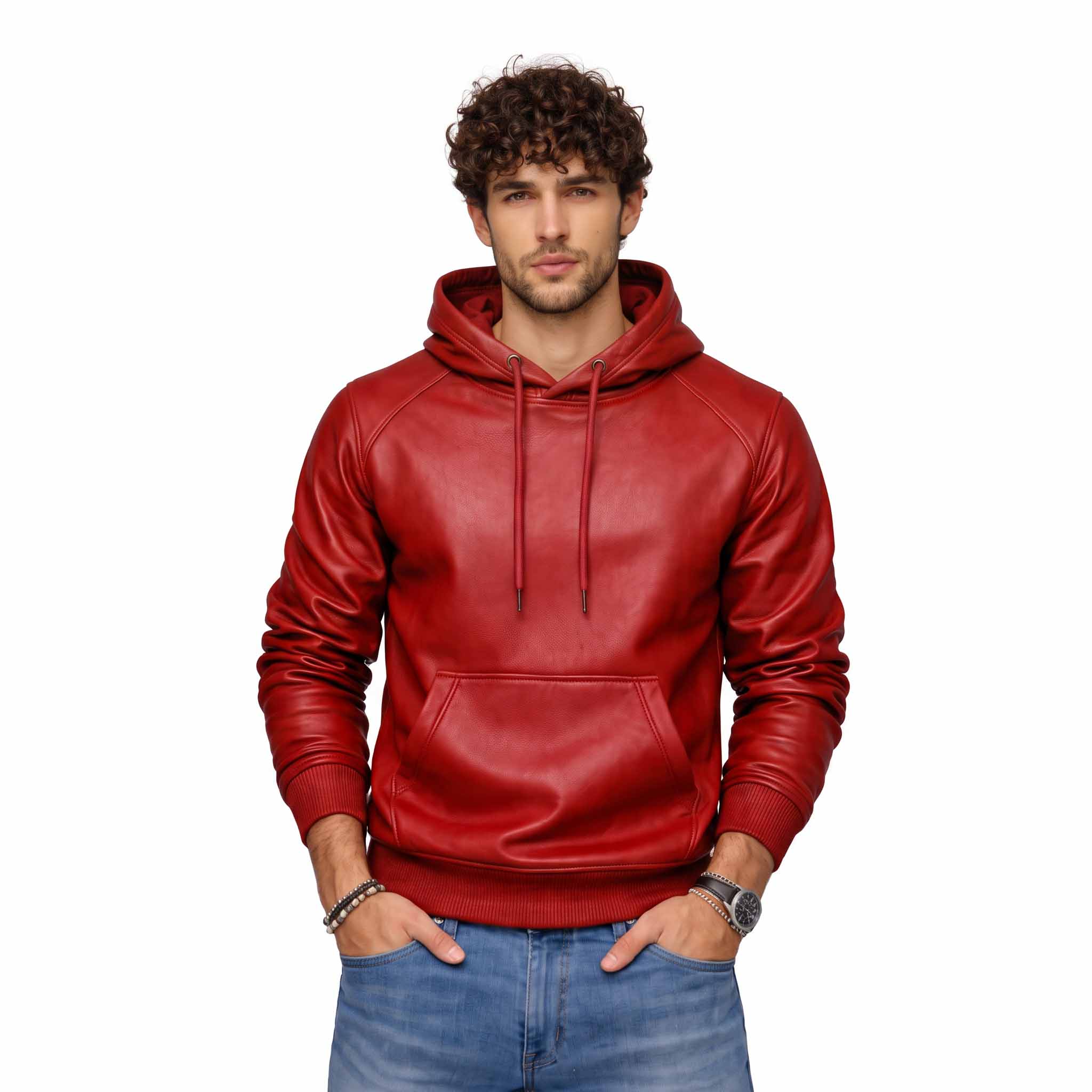 Front three quarter perspective of man modeling red leather streetwear pullover hoodie adjusting the leather hood