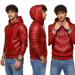 Handmade Men's Red Sheepskin Leather Hoodie Jacket | Biker Streetwear Pullover Sweatshirt with Kangaroo Pocket & Ribbed Cuffs