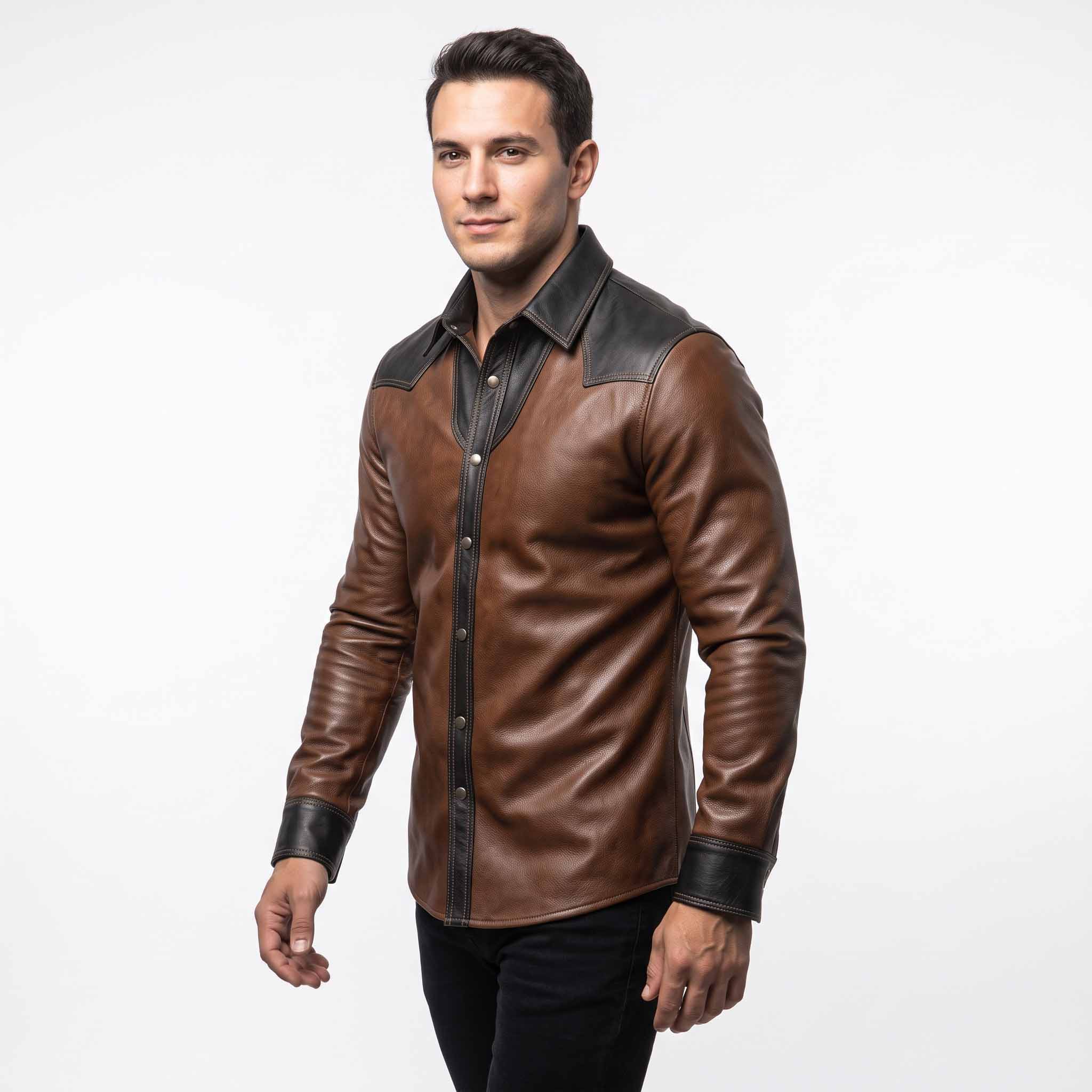 Front three quarter perspective of male model in brown genuine cowhide western overshirt paired with black jeans on white background