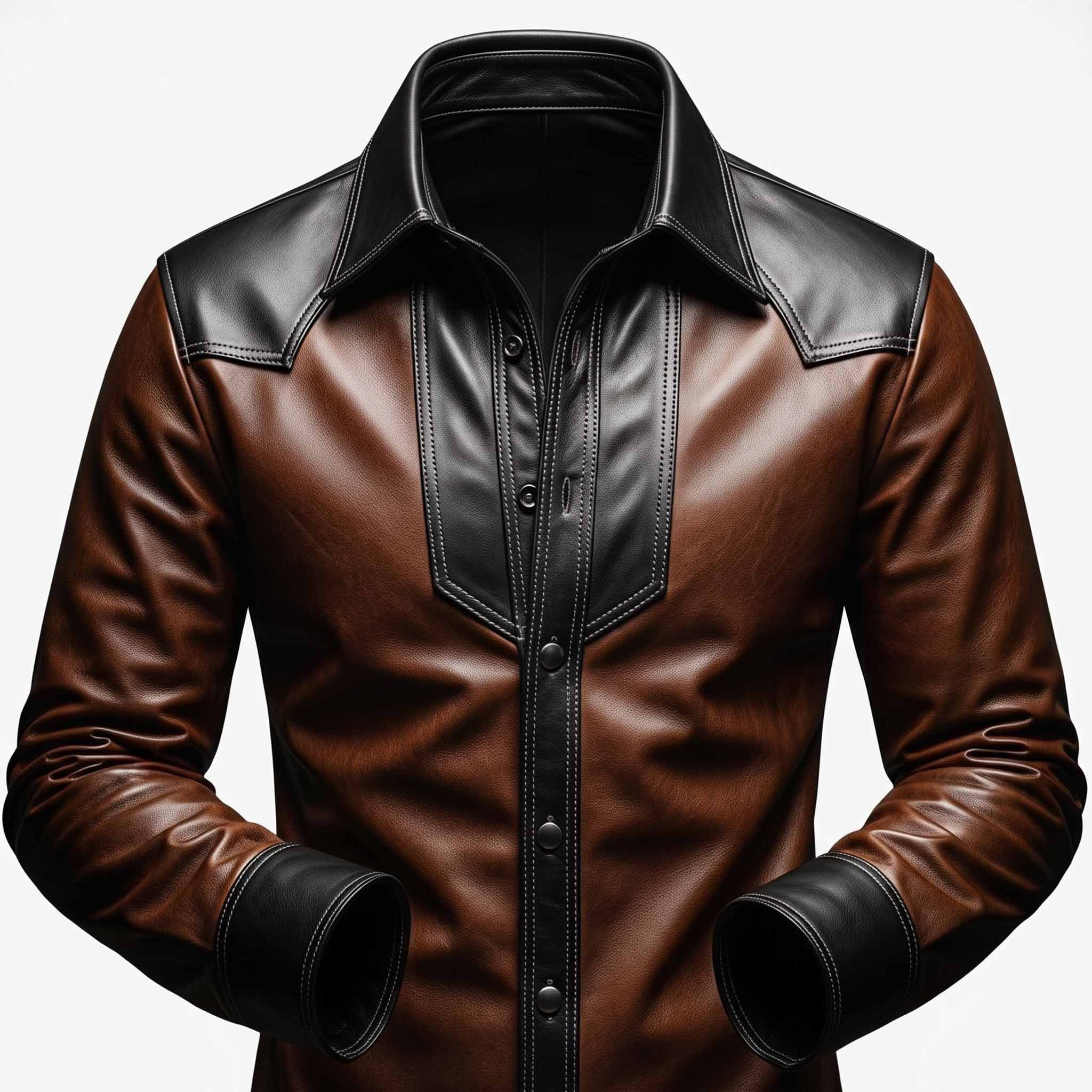 Macro product shot of brown and black leather western shirt on white background highlighting front placket stitching and fold down collar