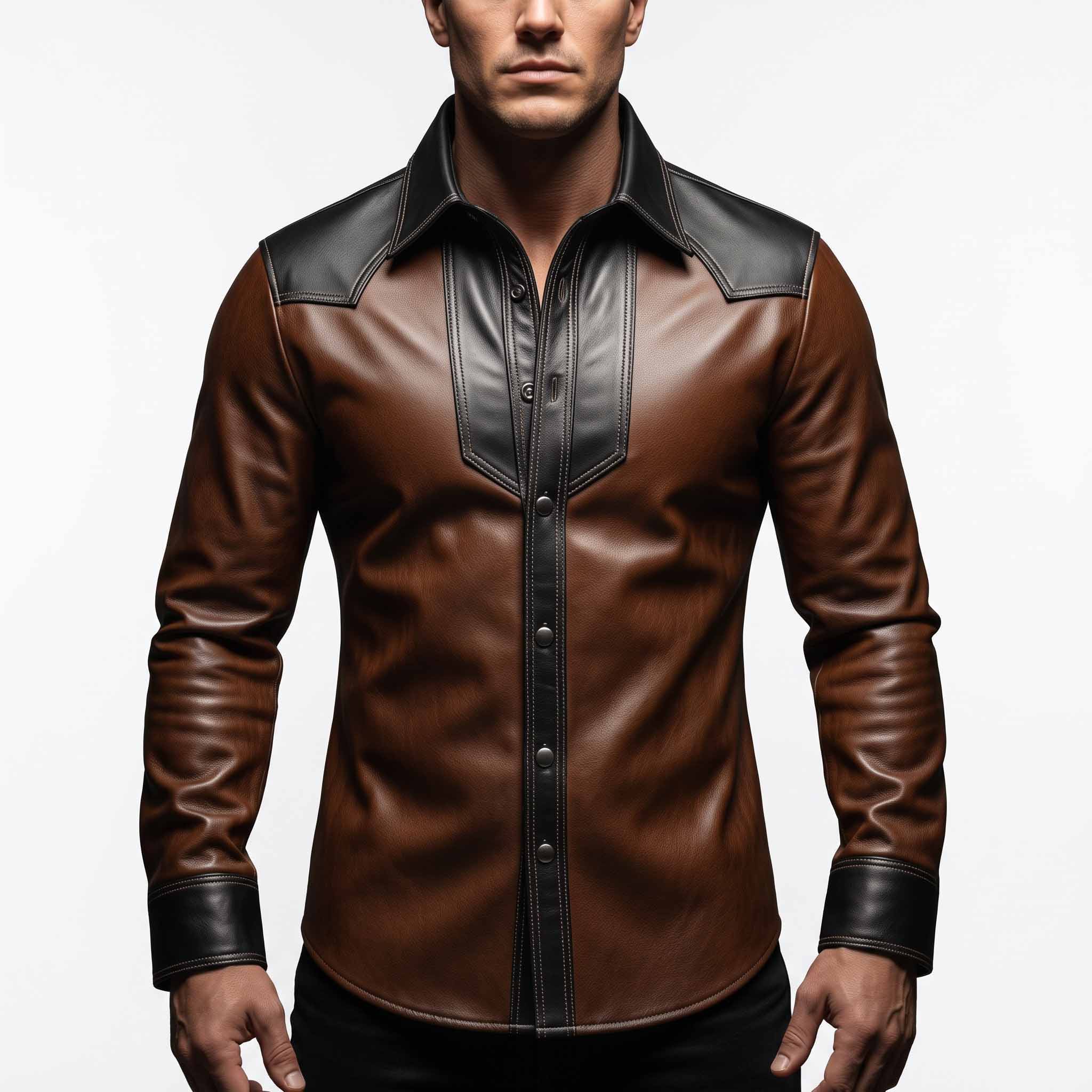 Front torso shot of man wearing handmade two tone brown and black leather cowboy shirt with contrast point collar and snap buttons
