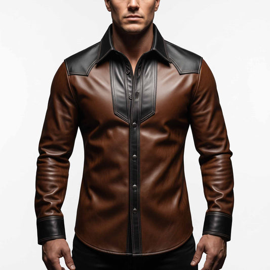 Front torso shot of man wearing handmade two tone brown and black leather cowboy shirt with contrast point collar and snap buttons