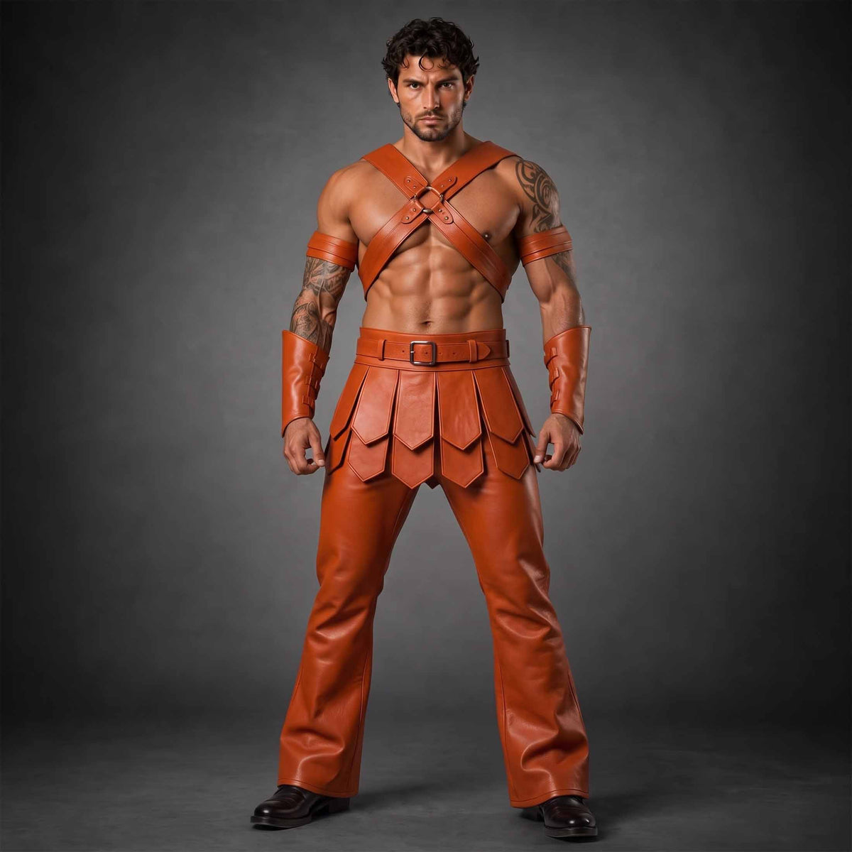 Handmade Orange Cowhide Leather Gladiator Costume | Men's Fantasy Warrior Armor Set