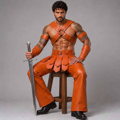 Handmade Orange Cowhide Leather Gladiator Costume | Men's Fantasy Warrior Armor Set