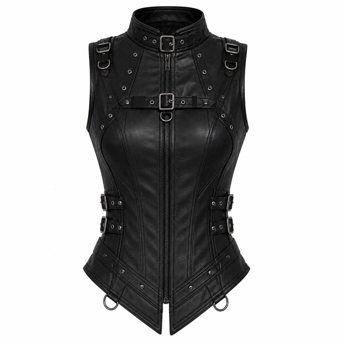 Front view of a women's black lambskin leather corset vest with high buckled collar, center zipper closure, chest strap, and pointed hem on a white background.