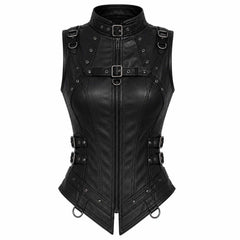 Front view of a women's black lambskin leather corset vest with high buckled collar, center zipper closure, chest strap, and pointed hem on a white background.