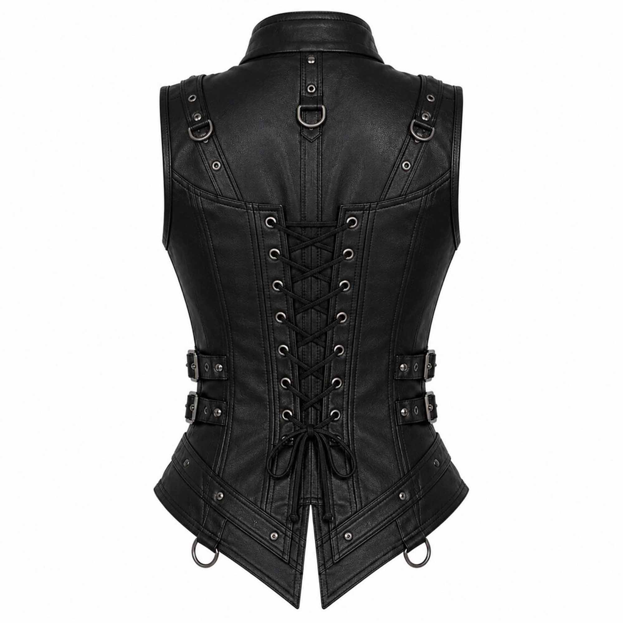 Rear view of a tailored black leather gothic waistcoat highlighting the adjustable crisscross lace-up back, side strap buckles, and metal D-ring accents.