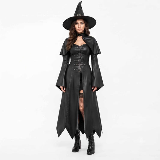 Full front view of a woman wearing a handmade black leather witch costume dress with flared bell sleeves, buckled bodice, pointed hem, and matching pointed witch hat.