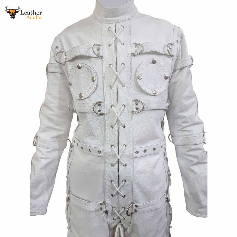 Heavy Duty White Leather Catsuit Bodysuit Restriction Bondage Bodysuit