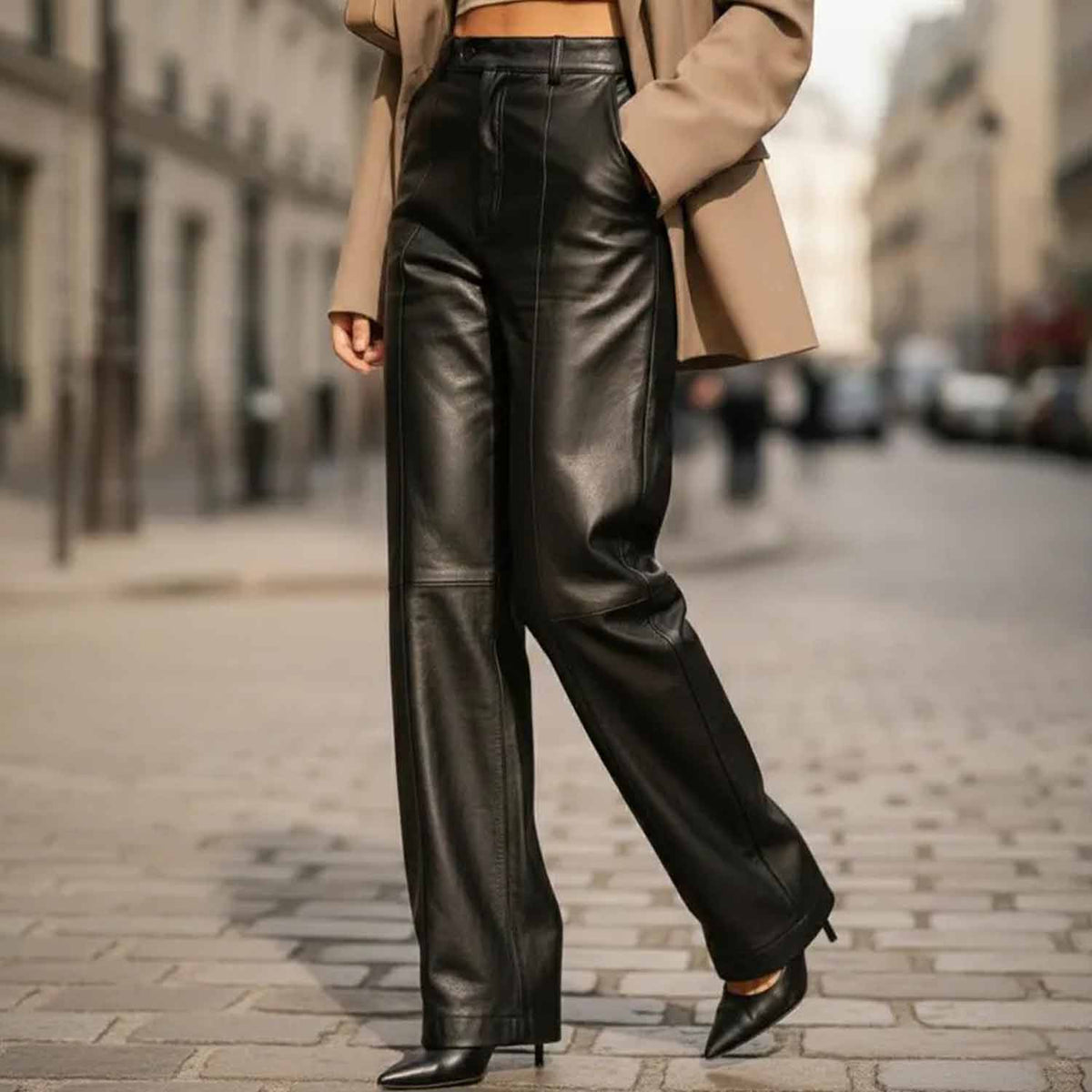 Women's Black High Waist Wide Leg Black Lambskin Leather Pants Tailored Trousers