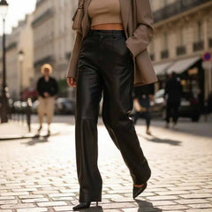Women's Black High Waist Wide Leg Black Lambskin Leather Pants Tailored Trousers