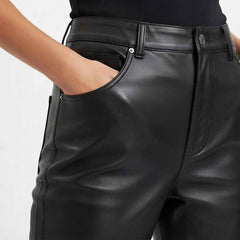 Womens Black High Waisted Lambskin Leather Pants, Straight Leg Trousers