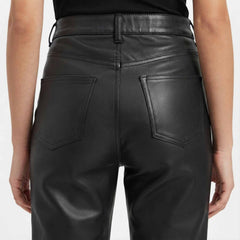 Womens Black High Waisted Lambskin Leather Pants, Straight Leg Trousers
