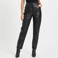 Womens Black High Waisted Lambskin Leather Pants, Straight Leg Trousers