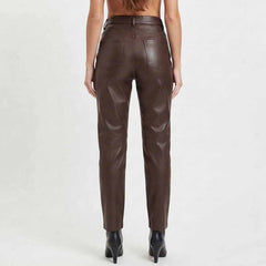 Womens Dark Brown High Waisted Lambskin Leather Pants, Straight Leg Trousers