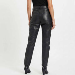Womens Black High Waisted Lambskin Leather Pants, Straight Leg Trousers
