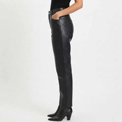Womens Black High Waisted Lambskin Leather Pants, Straight Leg Trousers