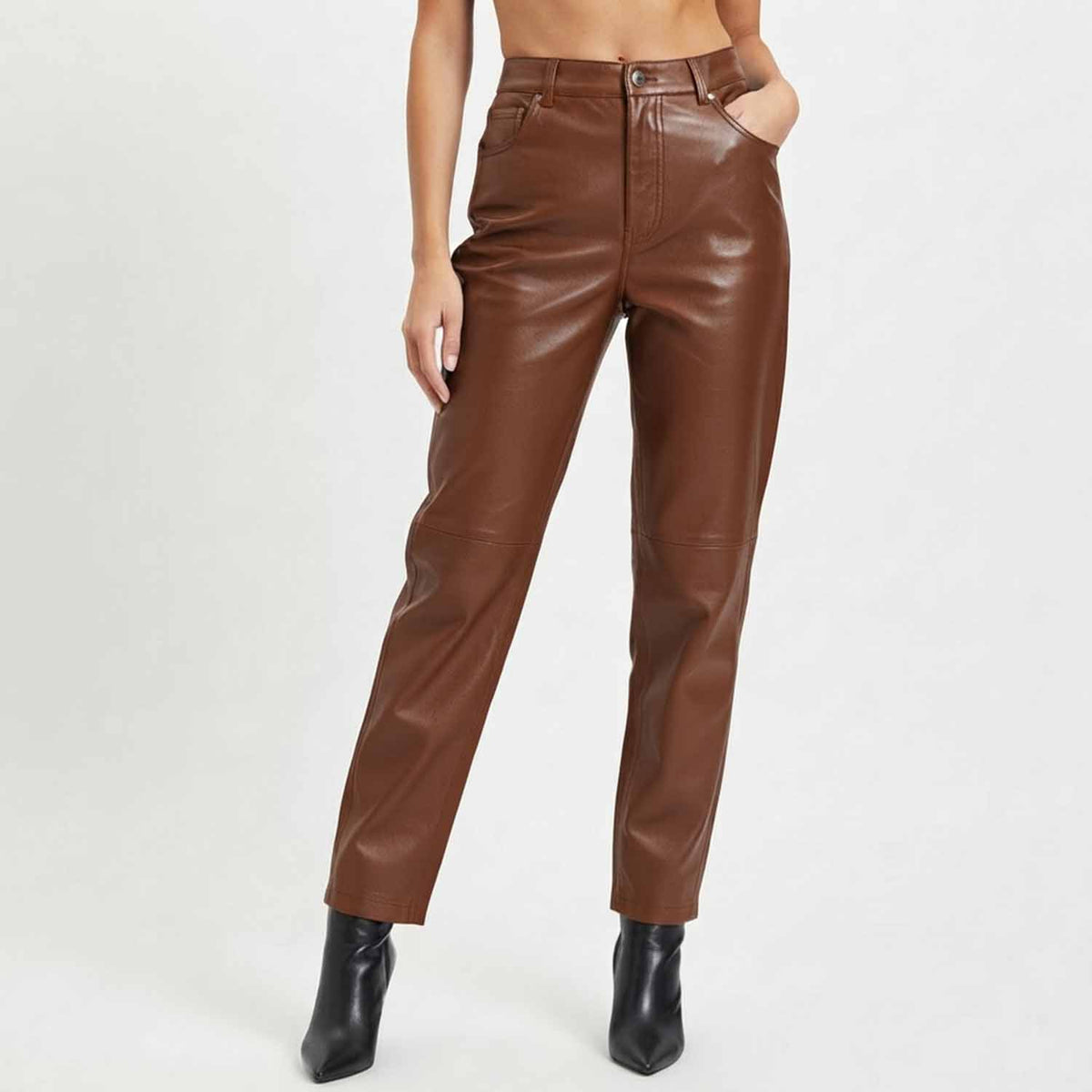 Womens Brown High Waisted Lambskin Leather Pants, Straight Leg Trousers