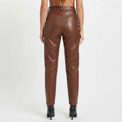 Womens Brown High Waisted Lambskin Leather Pants, Straight Leg Trousers